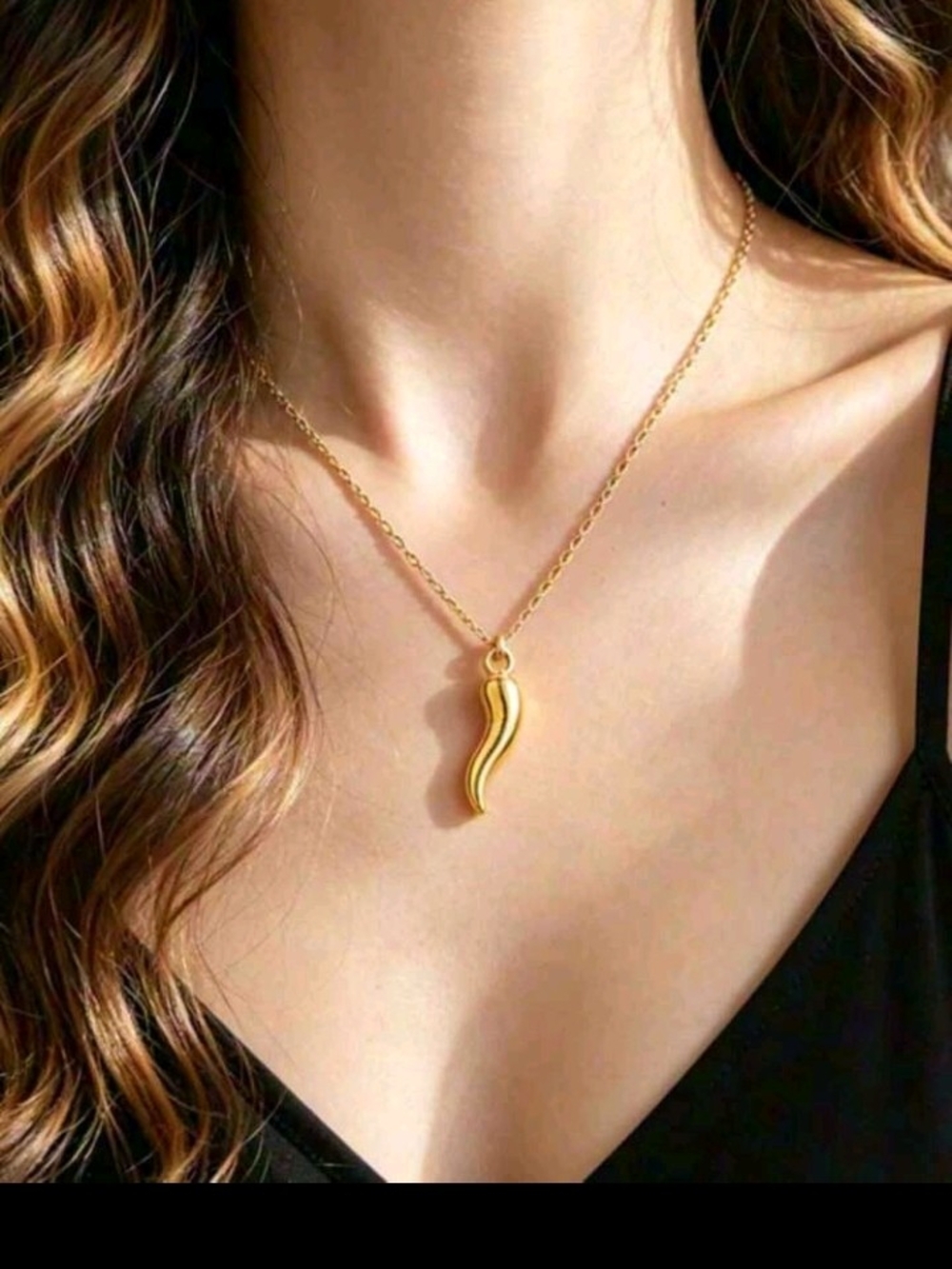 NEW! 18K Gold Plated Cornicello Italian Horn Pendant Necklace - Women Jewelry